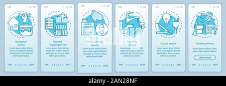 Home services onboarding mobile app page screen vector template. Walkthrough website steps with linear illustrations. Cleaning, handyman service. UX, Stock Vector