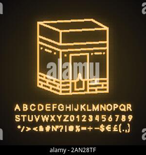 Kaaba neon light icon. Hajj. Muslim shrine. Islamic culture. Glowing sign with alphabet, numbers and symbols. Vector isolated illustration Stock Vector