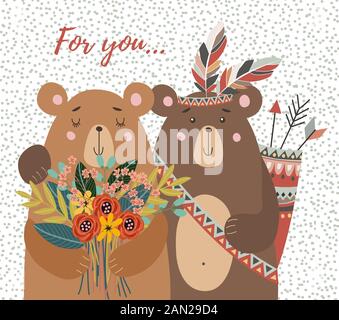 Hand drawn cute two bears with bouquet of flowers and tribal feathers for decoration cards or posters. Childish vector illustration Stock Vector