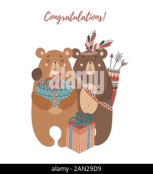 Hand drawn cute two bears: with bouquet of flowers ,tribal feathers and gifts for design of cards or posters. Childish vector illustration Stock Vector