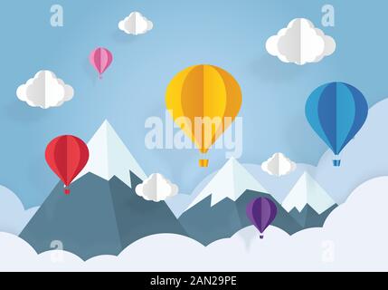 Air balloons in the blue sky with white clouds paper cut. Paper art and origami style. Stock Vector