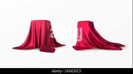 Realistic box covered with red silk cloth. Isolated on white background. Satin fabric wave texture material. Textile design, fabric. Vector Stock Vector