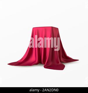 Realistic box covered with red silk cloth. Isolated on white background. Satin fabric wave texture material. Textile design, fabric. Vector Stock Vector
