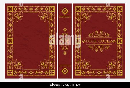 Red and gold ornament of classical book cover vector flat illustration Stock Vector