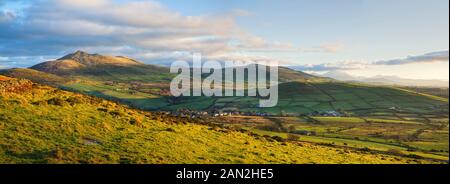 Panoramic view from Tre'r Ceiri Iron Age hill fort, Yr Eifl, Llwn peninsula, Gwynedd, Wales Stock Photo