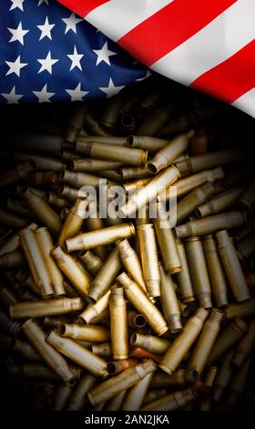 American flag isolated on shotgun cartridges background. Top view, copy space for text. Stock Photo