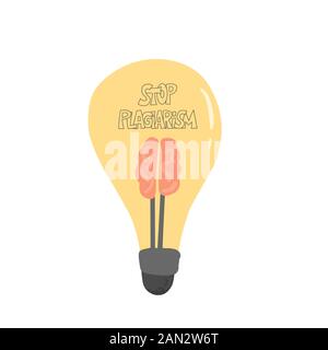 Stop plagiarism concept. Hand drawn text with bulb and brain isolated on white background. Intellectual property lettering. Vector illustration. Stock Vector