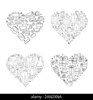 Set of heart shape badges with doodle illustration. Hand drawn fashion icons. Vector collection. Stock Vector