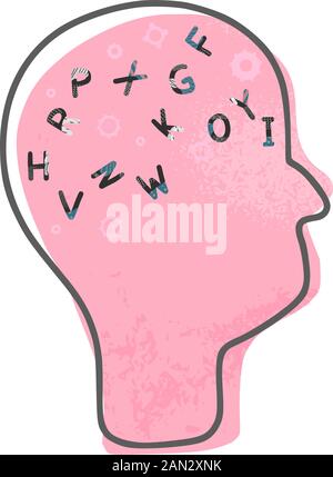 Human brain with alphabet symbols. Vector sign with stylized letters. Stock Vector