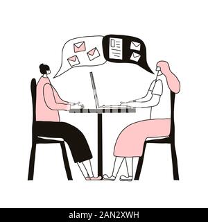 Business meeting concept. Two women dressed in casual clothes sitting at the desk. Two cowokers sharing ideas and business plan with each other. Vecto Stock Vector