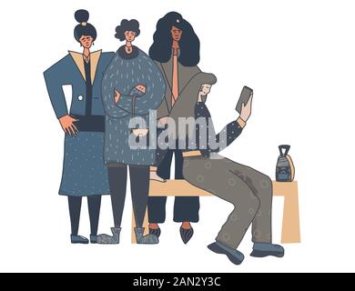 Four snappy dressers take a selfie with smartphone. Group of young woman standing together. Vector illustration. Stock Vector