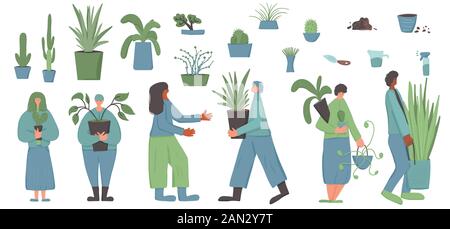 Indoor plants lovers set. Cute persons surrounded by potted flowers. Group of people with houseplants isolated on white background. Vector color flat Stock Vector
