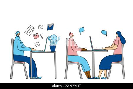 Office open space concept. Colleagues sitting at the desk and working. Young persons using computer. Teamwork. People reading mail, discussing new pro Stock Vector