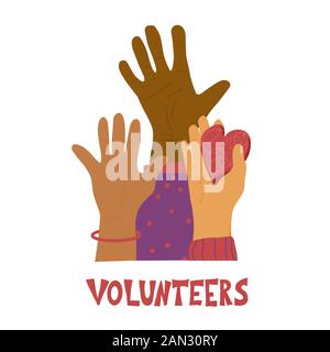 Volunteers emblem. Different hands in flat style. Vector illustration. Stock Vector
