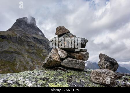 Troll Rocks Noway Troll rock pyramid on top of Trollstigen road. Stone cairn among a ...