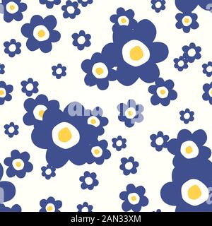 Over-Scaled Retro Graphic Floral Vector Seamless Pattern. Simplistic Oversized Hand Drawn Blue Daisies, Scattered Abstract Blooms on White Background. Stock Vector