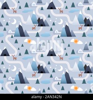 Seamless pattern with mountains, trees and roads. Landscape design. Stock Vector