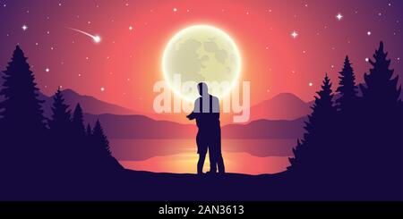 couple in love at beautiful lake at night with full moon and starry sky mystic landscape vector illustration EPS10 Stock Vector