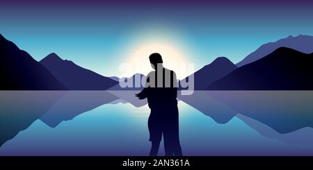 couple in love enjoy the blue mountain and ocean landscape in the dusk vector illustration EPS10 Stock Vector