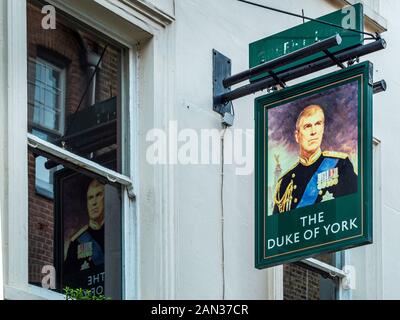 Duke of York Pub Fitzrovia London. Painting of the current Duke of York Prince Andrew on the Duke of York Pub in Rathbone Street Central London. Stock Photo