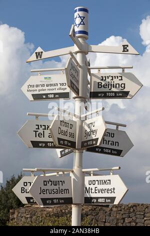 Distance signpost in Hebrew and English with arrows pointing to locations around the world from Merom Golan Resort Village, Israel Stock Photo