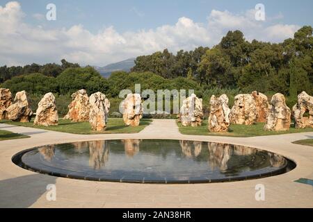 Memorial for 73 soldiers that died in 1997 helicopter disaster, Dafna, Israel. 73 rocks are placed around a pool in which the names are written. Stock Photo