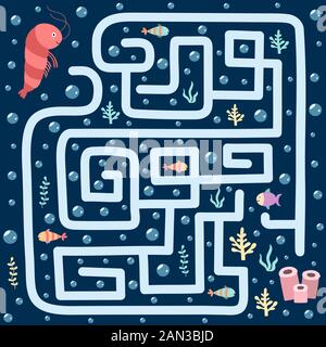 Sea maze game for kids. Help the shrimp find the way to her home Stock Vector