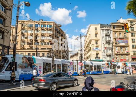 The Istanbul Tram is a modern tram system on the European side of Istanbul transporting Turks throughout the city of Istanbul, Turkey. Stock Photo