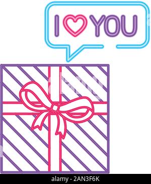 gift box with ribbon in neon light on white background Stock Vector