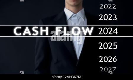 Cash flow for 2024, businessman selects financial report on virtual screen Stock Photo