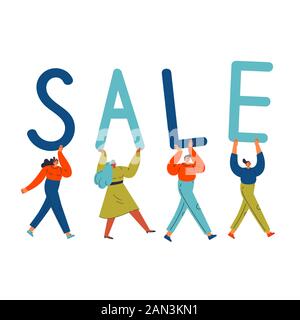 Diverse tiny people carry letters SALE lettering Stock Vector