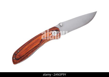 Sharp folding knife with a wooden handle. Tourist knife for hiking, hunting and fishing. Stock Photo