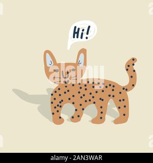 Cute wild cheetah cat vector hand drawn illustration. Childish style jaguar. Stock Vector