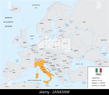 Location of Italy on the European continent with small information box and flag Stock Vector