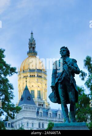 A Statute of Israel Putnam, an officer in the American Revolution. stands at the Connecticut State Capitol in Hartford, Connecticut Stock Photo