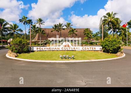 Laie, Oahu, Hawaii - November 01, 2019: Entrance of the Polynesian Cultural Center. is a Polynesian-themed theme park and living museum located in Lai Stock Photo