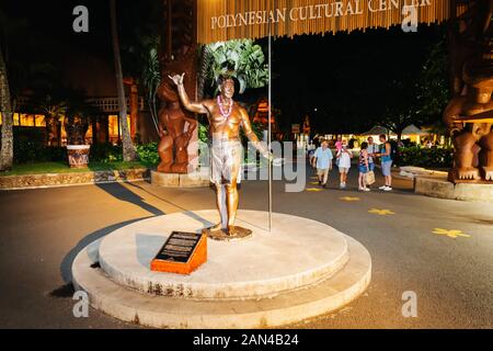 Laie, Oahu, Hawaii - November 01, 2019: sculpture inside the Polynesian Cultural Center at night. It is a Polynesian-themed theme park and living muse Stock Photo