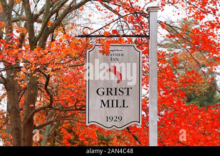 The sign of The Wayside Inn Grist Mill in Autumn. Stock Photo