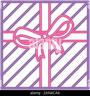 gift box with ribbon in neon light on white background Stock Vector