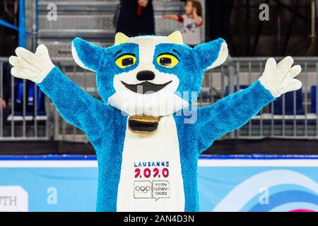 Lausanne, Switzerland. 15th Jan 2020. Yodli, the official mascot of the Lausanne 2020 Winter Youth Olympic Games, at Lausanne Skating Arena. Credit: Iain McGuinness / Alamy Live News Stock Photo