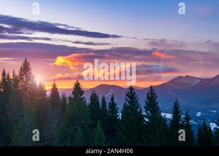 Pink sunset on a mountain top. Winter landscape in Carpathian mountains. Stock Photo