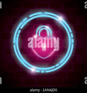 security padlock with heart shaped in neon light Stock Vector