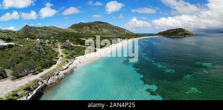 ST KITTS, ST KITTS AND NEVIS -24 NOV 2019- Aerial panoramic view of Christopher Harbor and the Caribbean Sea, Saint Kitts, over Reggae Beach. Stock Photo
