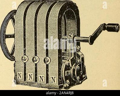 Lessons in practical electricity; principles, experiments, and arithmetical problems, an elementary text-book . Direction of current in the coil at one-half revolution from the position in Fig. 316. Brush M is positive as before.. Fig. 318.—Magneto Dynamo. DYNAMO ELECTRIC MACHINES. 345 Stock Photo