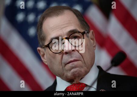 Washington, DC, USA. 15th Jan, 2020. United States Representative Jerrold Nadler (Democrat of New York) listens to Speaker of the United States House of Representatives Nancy Pelosi (Democrat of California) as she speaks before the signing which authorized two articles of impeachment to be sent to the United States Senate in the Rayburn Room of the United States Capitol in Washington, DC, U.S., on Wednesday, January 15, 2020. Credit: Stefani Reynolds/CNP | usage worldwide Credit: dpa/Alamy Live News Stock Photo