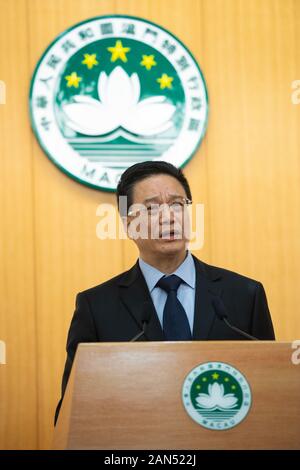 Ip Son Sang, Prosecutor General of the Public Prosecutions Office, speaks at the press conference at the Macao Government Headquarters in Macao, China Stock Photo