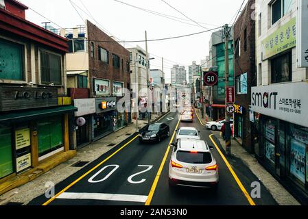 Busan Metropolitan City, Busan, Korea - October 2019 narrow street with mazagins in seoul. Stock Photo