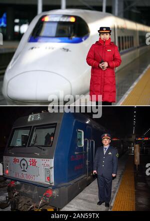 (200116) -- BEIJING, Jan. 16, 2020 (Xinhua) -- Combo photo taken on Jan. 11, 2020 shows Chen Haiyan posing for a photo at Xi'an North Railway Station in Xi'an, northwest China's Shaanxi Province (upper photo by Zhan Yan); and Zhao Yao posing for a photo at Taiyuan Railway Station in Taiyuan, north China's Shanxi Province (lower photo by Yang Chenguang). Zhao and Chen met and fell in love when they were attendants on a train in 2003, and got married three years later. Now, Zhao Yao works on the K884 train from Taiyuan to Qingdao of east China's Shandong Province, and his wife Chen Haiyan serves Stock Photo