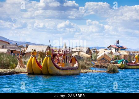 Close up, traditional reed boat as transportation for tourists, floating Uros islands on lake Titicaca in Peru, South America. Stock Photo