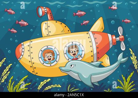 Children in a submarine explore the underwater world. Vector illustration with separate layers. Stock Vector